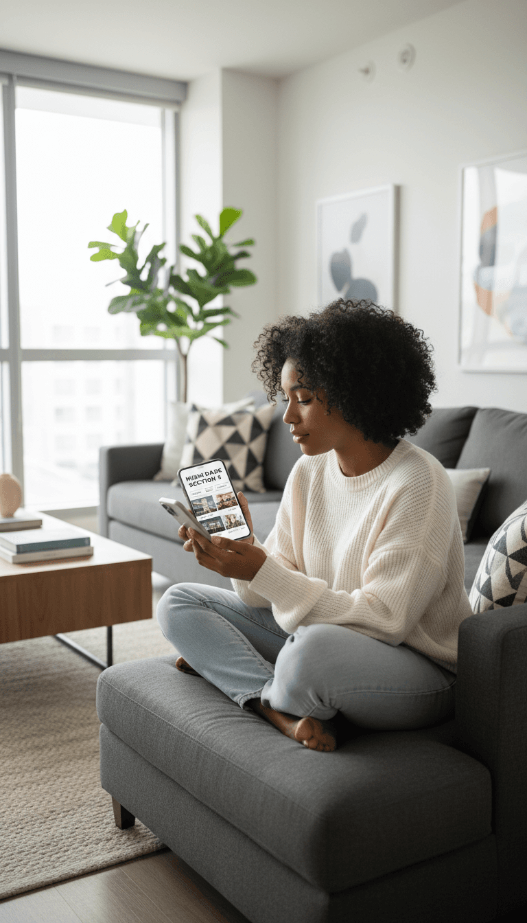 Tenant reviewing apartment listings on a mobile device in a bright, modern living room.